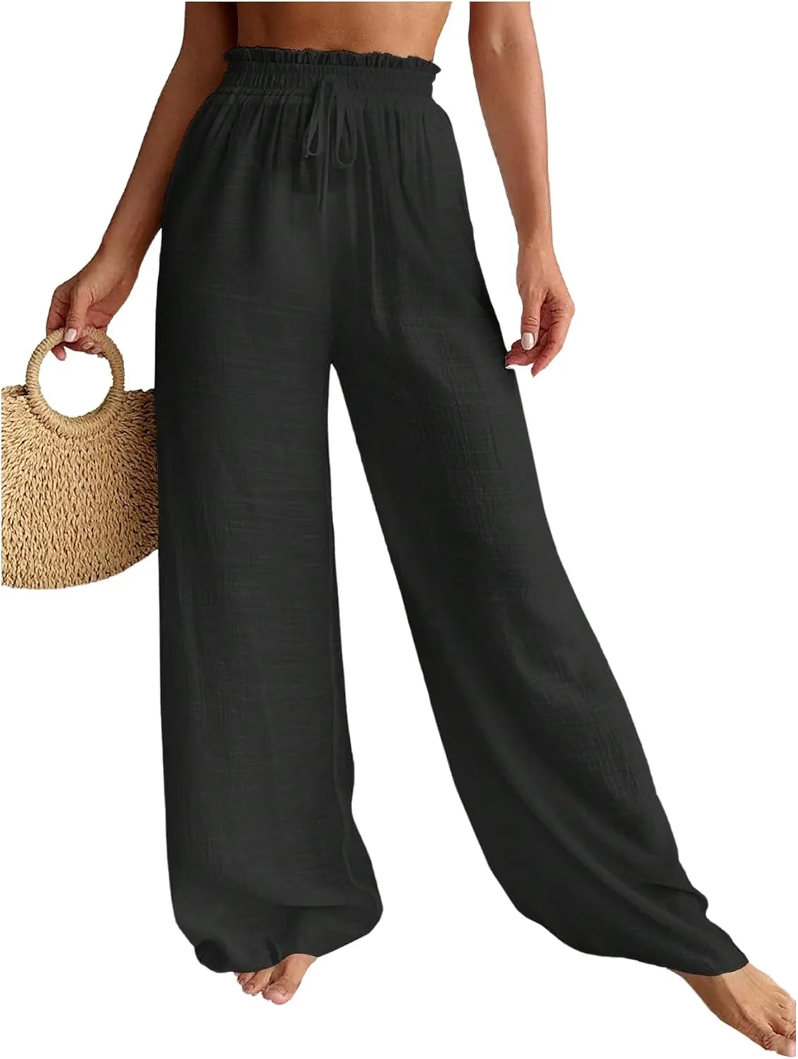 Women's Cover Up Beach Pants Sheer Mesh Drawstring Wide Leg High Waist Bikini Swimsuit Coverups