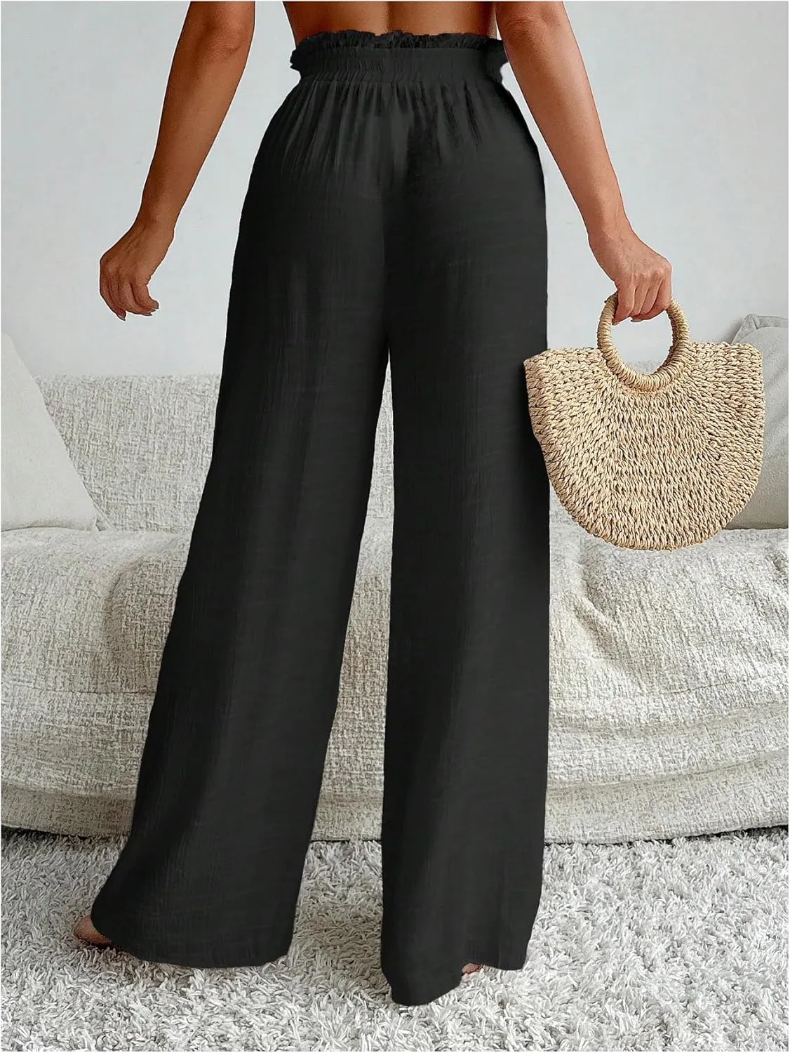 Women's Cover Up Beach Pants Sheer Mesh Drawstring Wide Leg High Waist Bikini Swimsuit Coverups