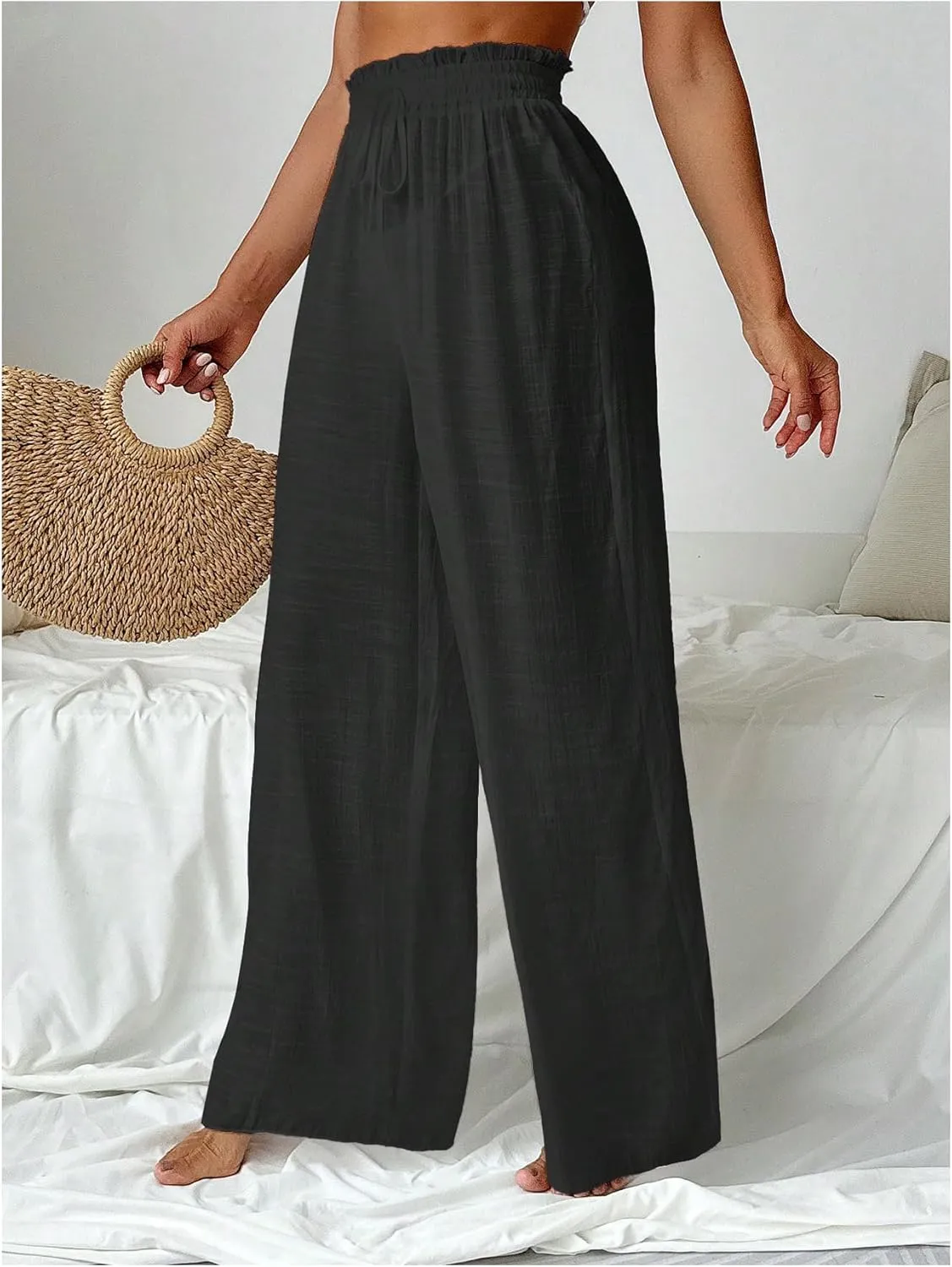 Women's Cover Up Beach Pants Sheer Mesh Drawstring Wide Leg High Waist Bikini Swimsuit Coverups