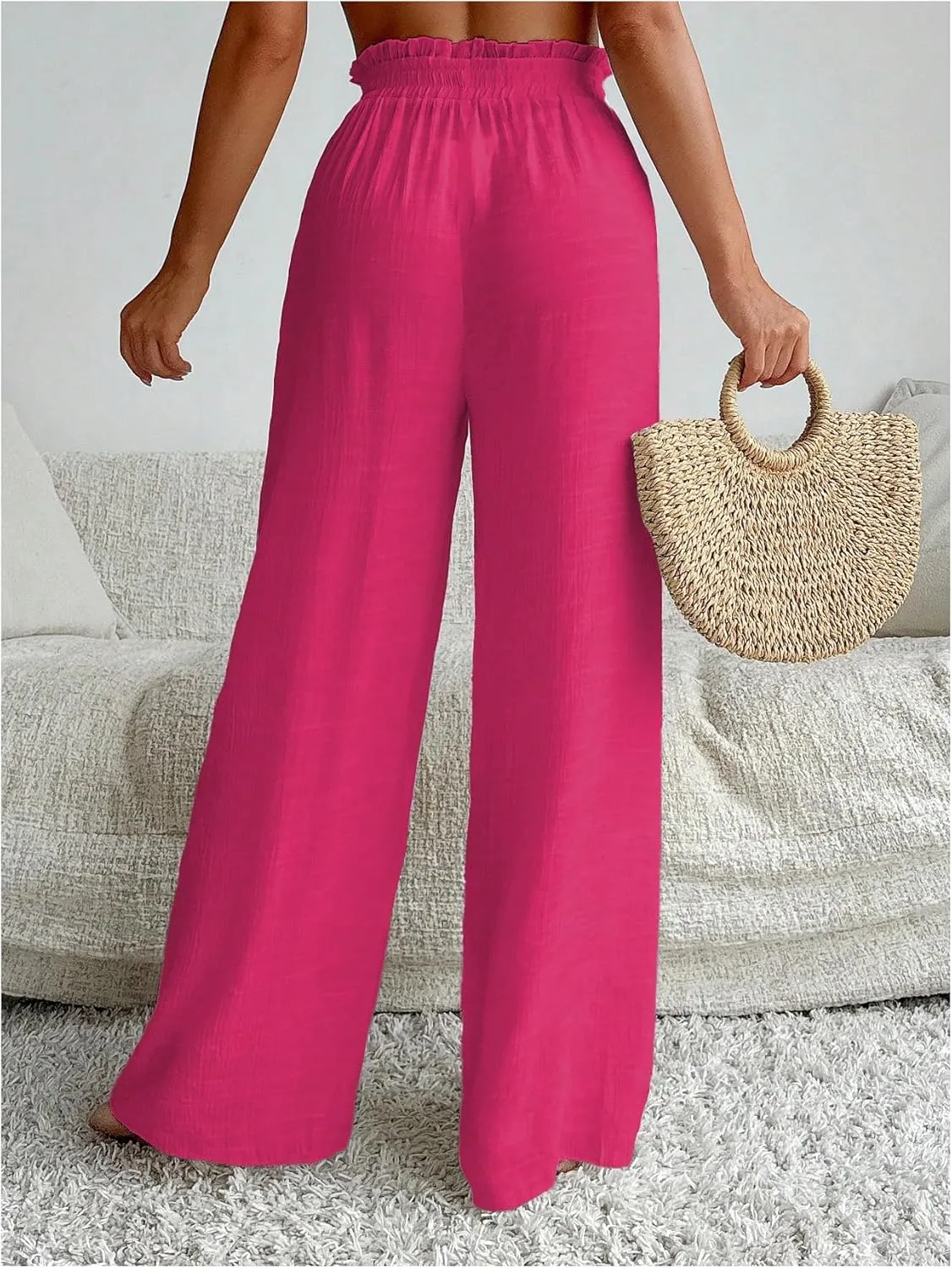Women's Cover Up Beach Pants Sheer Mesh Drawstring Wide Leg High Waist Bikini Swimsuit Coverups