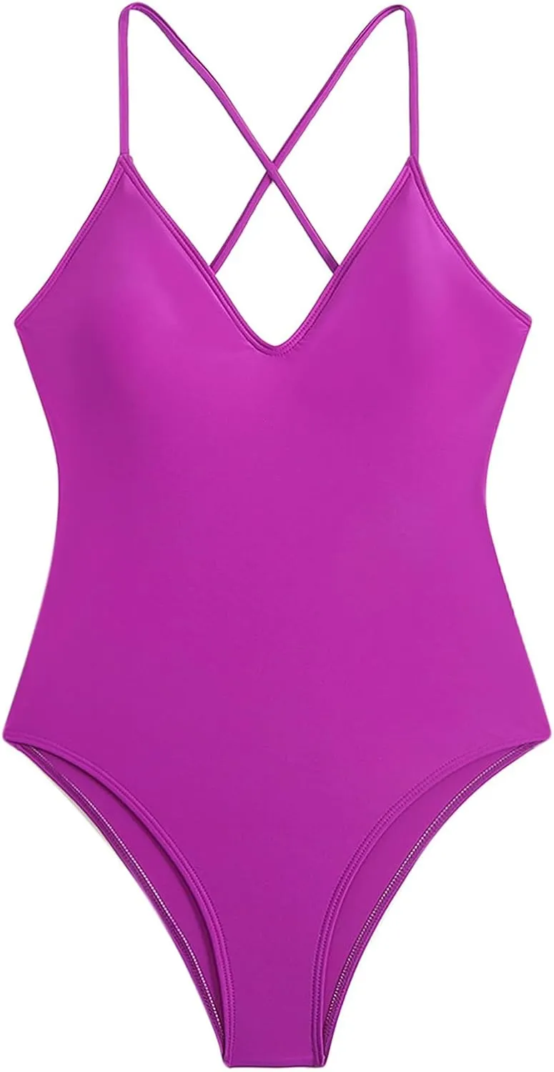 Womens Hawaiian Vacation Swimsuit Cross Backless One Piece Bathing Suits Solid Color V-Neck Tummy Control Swimwear