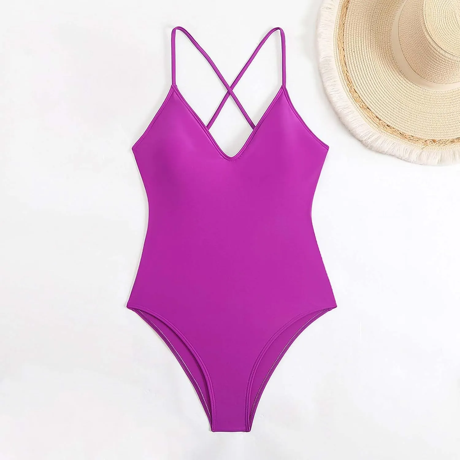 Womens Hawaiian Vacation Swimsuit Cross Backless One Piece Bathing Suits Solid Color V-Neck Tummy Control Swimwear
