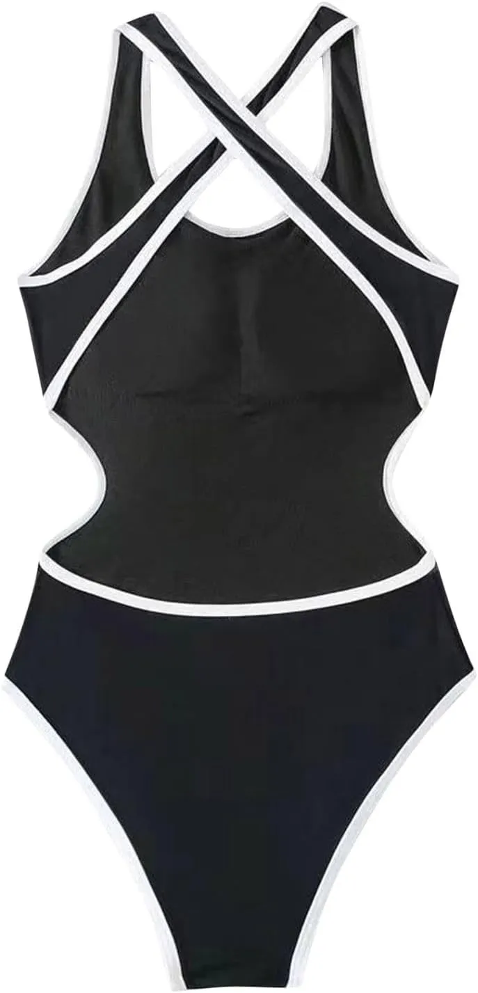 Women's High Cut One Piece Swimsuit Tummy Control Bathing Suit Criss Cross Backless Round Neck Modest Sporty Swimwear