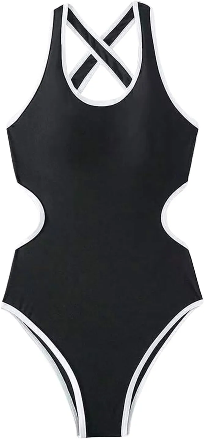 Women's High Cut One Piece Swimsuit Tummy Control Bathing Suit Criss Cross Backless Round Neck Modest Sporty Swimwear