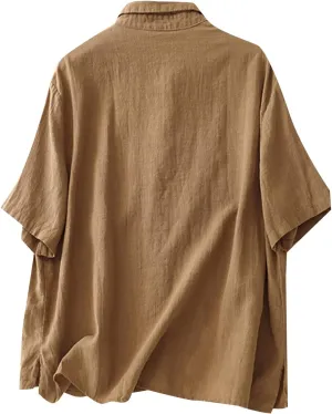 Womens Linen Shirts Summer Linen Bohemian Long Sleeve T-Shirts Casual Plus Size Lightweight Round Neck Tshirts