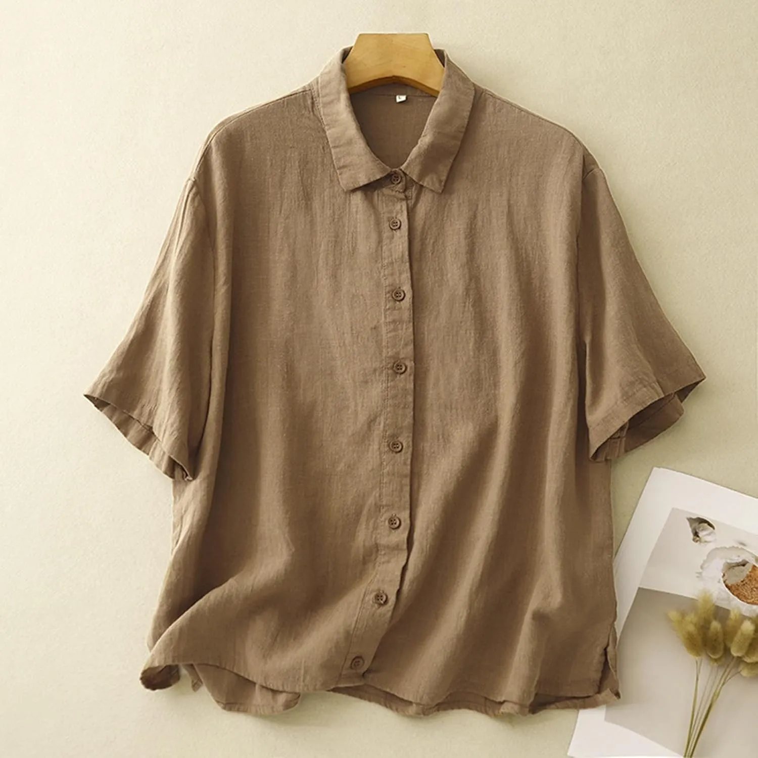 Womens Linen Shirts Summer Linen Bohemian Long Sleeve T-Shirts Casual Plus Size Lightweight Round Neck Tshirts
