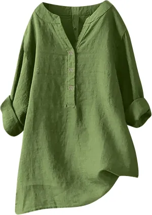 Women's Linen Shirts V Neck Buttons Blouses Lapel Beach Tee Top Short Sleeve Loose T-Shirts