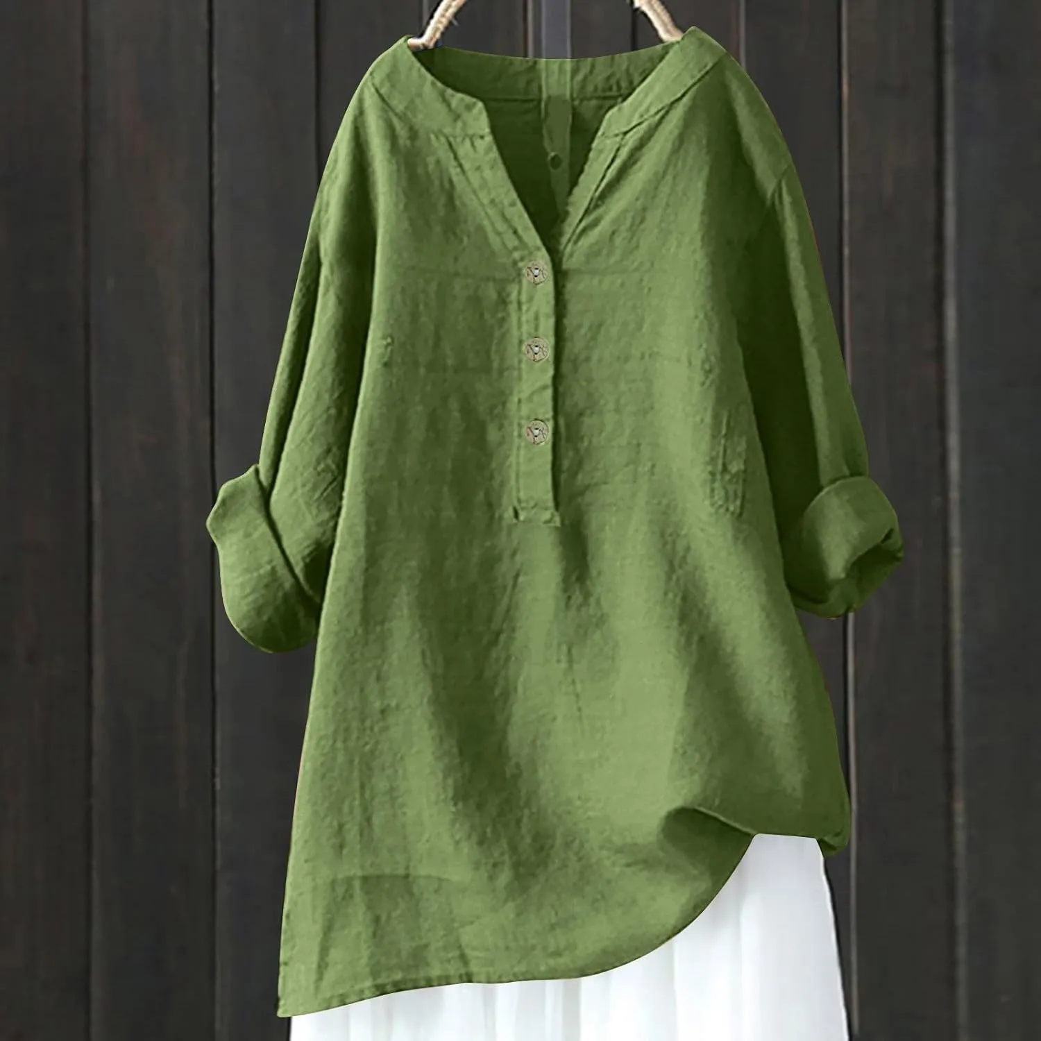Women's Linen Shirts V Neck Buttons Blouses Lapel Beach Tee Top Short Sleeve Loose T-Shirts