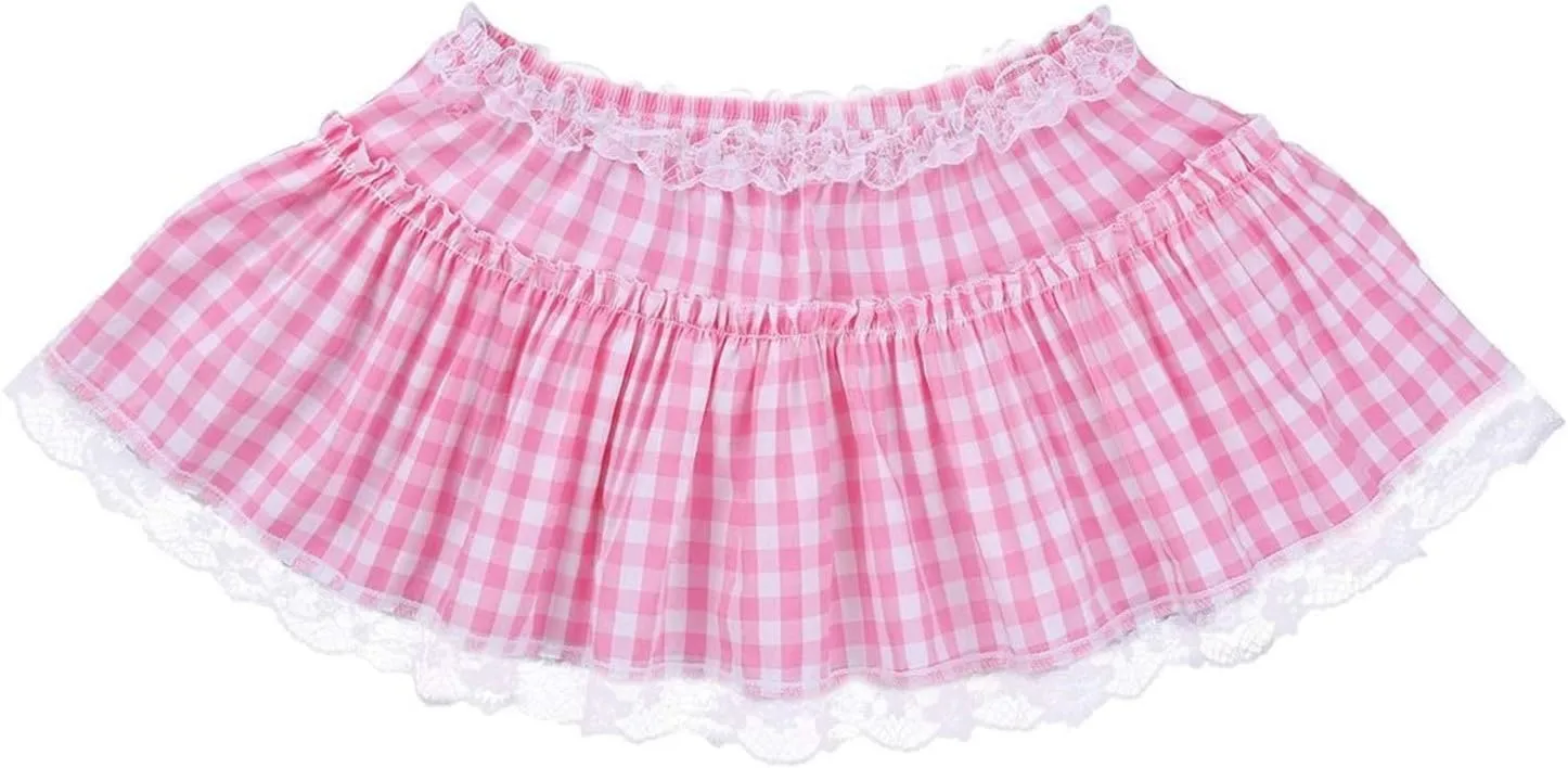 Women's Men's Sissy Mini Skirt Plaid Pleated Tutu Skirt Anime Cosplayy Skirts Gingham Lace Hem A-Line Mini Skirt