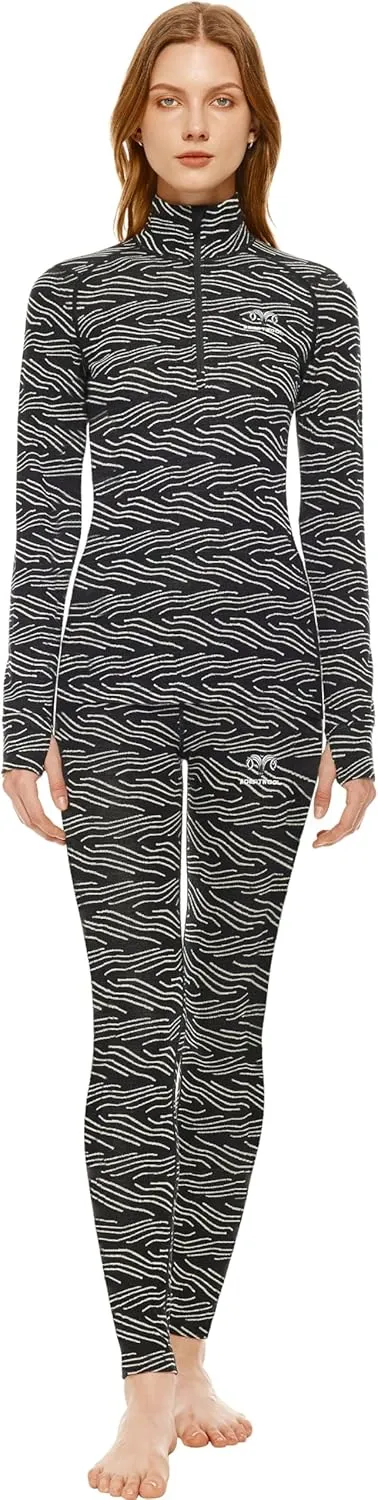 Women's Merino Wool Base Layer John Set Half Zip Top and Bottom Thermal Underwear