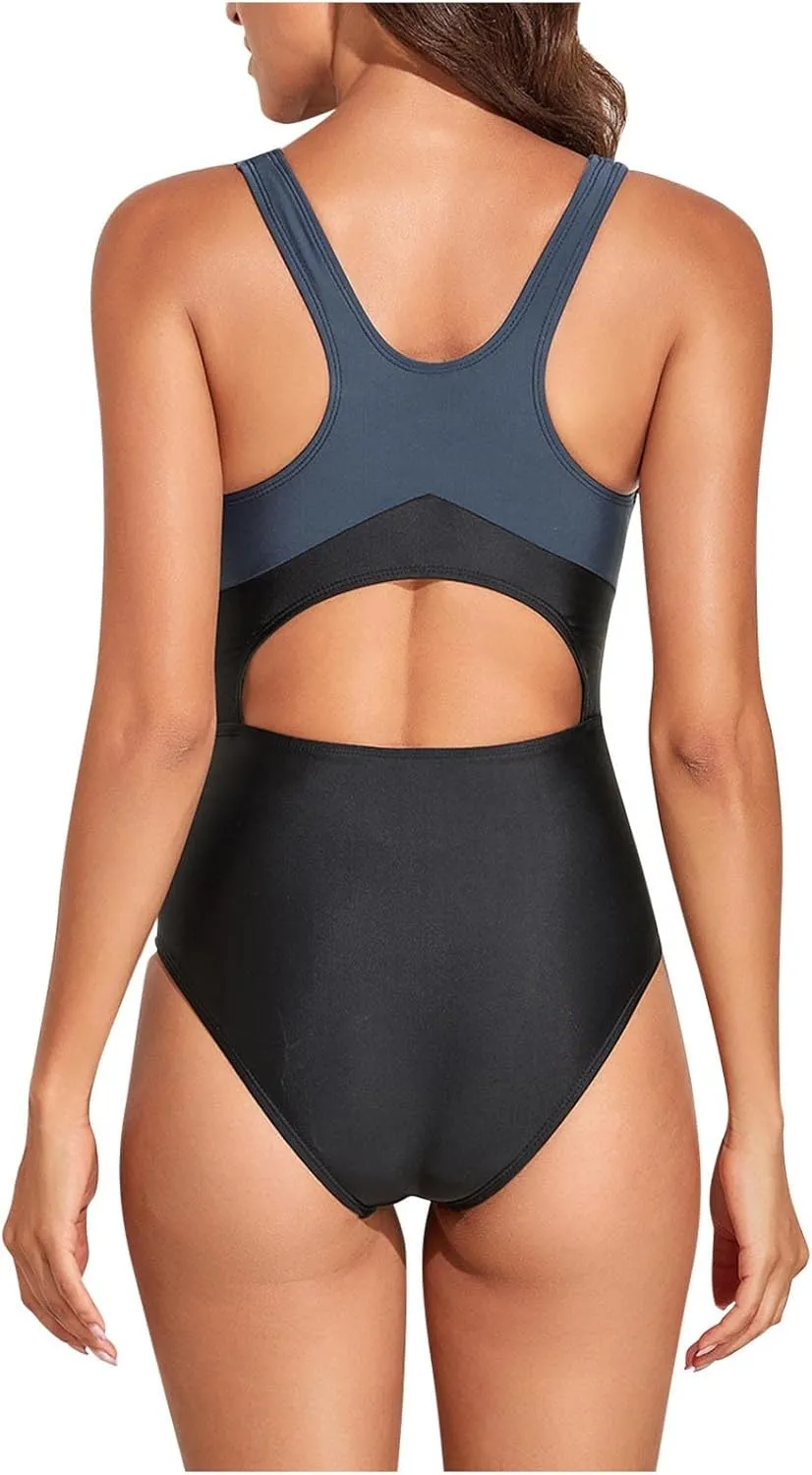Women's One Piece Athletic Racerback Swimsuit Slimming Bathing Suit Cutout Back Swimwear Training Slimming Suit