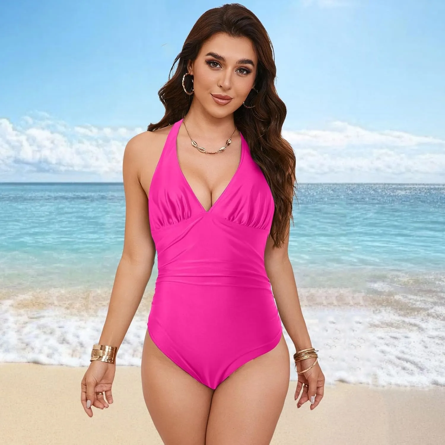 Womens One Piece Swimsuit Ruched Swimwear Halter V Neck Backless Bathing Suit Color Block Slimming Tummy Control Swimsuits