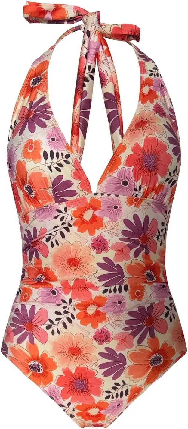 Womens One Piece Swimsuit Ruched Swimwear Halter V Neck Backless Bathing Suit Color Block Slimming Tummy Control Swimsuits