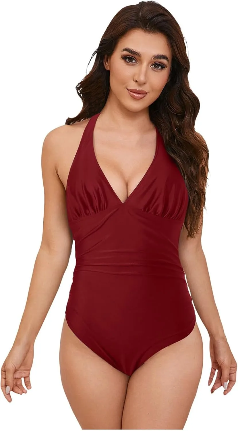 Womens One Piece Swimsuit Ruched Swimwear Halter V Neck Backless Bathing Suit Color Block Slimming Tummy Control Swimsuits