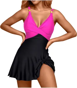 Womens One Piece Swimsuit Tummy Control Bathing Suit Criss Cross Swim Dress Slit Tie Sexy Backless Swimwear Skirt
