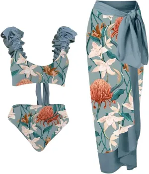 Women's One Piece Swimsuit with Cover Up Set Wrap Skirt Sleeveless Floral Beach Swimwear Sarong Bathing Suit