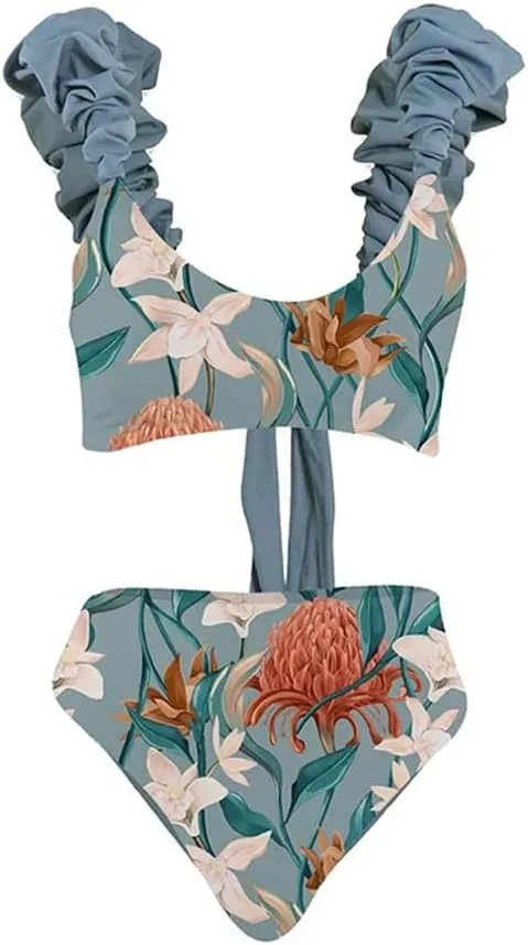 Women's One Piece Swimsuit with Cover Up Set Wrap Skirt Sleeveless Floral Beach Swimwear Sarong Bathing Suit