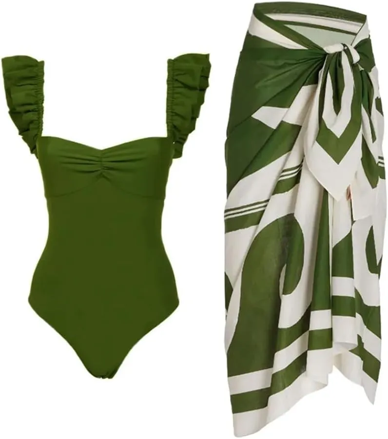 Women's One Piece Swimsuit with Cover Up Set Wrap Skirt Sleeveless Floral Beach Swimwear Sarong Bathing Suit