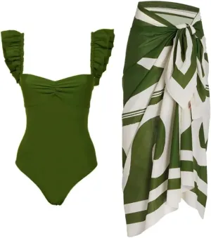 Women's One Piece Swimsuit with Cover Up Set Wrap Skirt Sleeveless Floral Beach Swimwear Sarong Bathing Suit