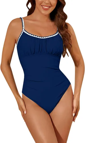 Womens One Piece Swimsuits Push Up Slimming Tummy Control Bathing Suits Wave Trim Spaghetti Straps Cute Swimwear 2025