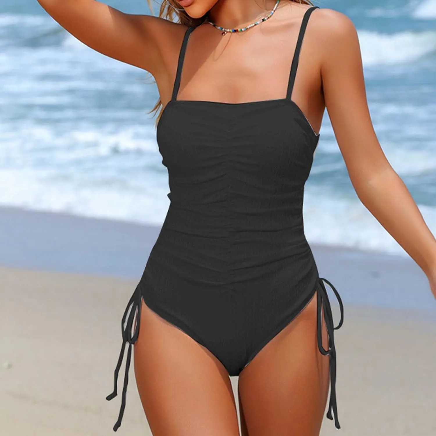 Women's One-Piece Swimsuits Sexy Halter Bikini Tummy Control Slimming Swimsuit Drawstring Swimwear Bathing Suits
