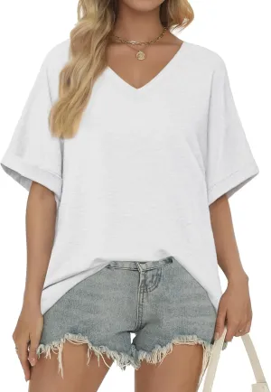 Womens Oversized Short Sleeve Tshirt Plus Size Loose Fit Basic V Neck Tee Summer Business Casual Top 2025 Trendy Clothing Fashion Cotton T-Shirts Going Out Flowy Business White M