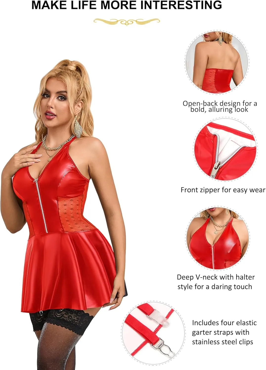 Women's Plus Size PU Leather Summer Mini Dress Deep V Zipper A-line Bodycon Babydoll Lingerie (with Gift Box)
