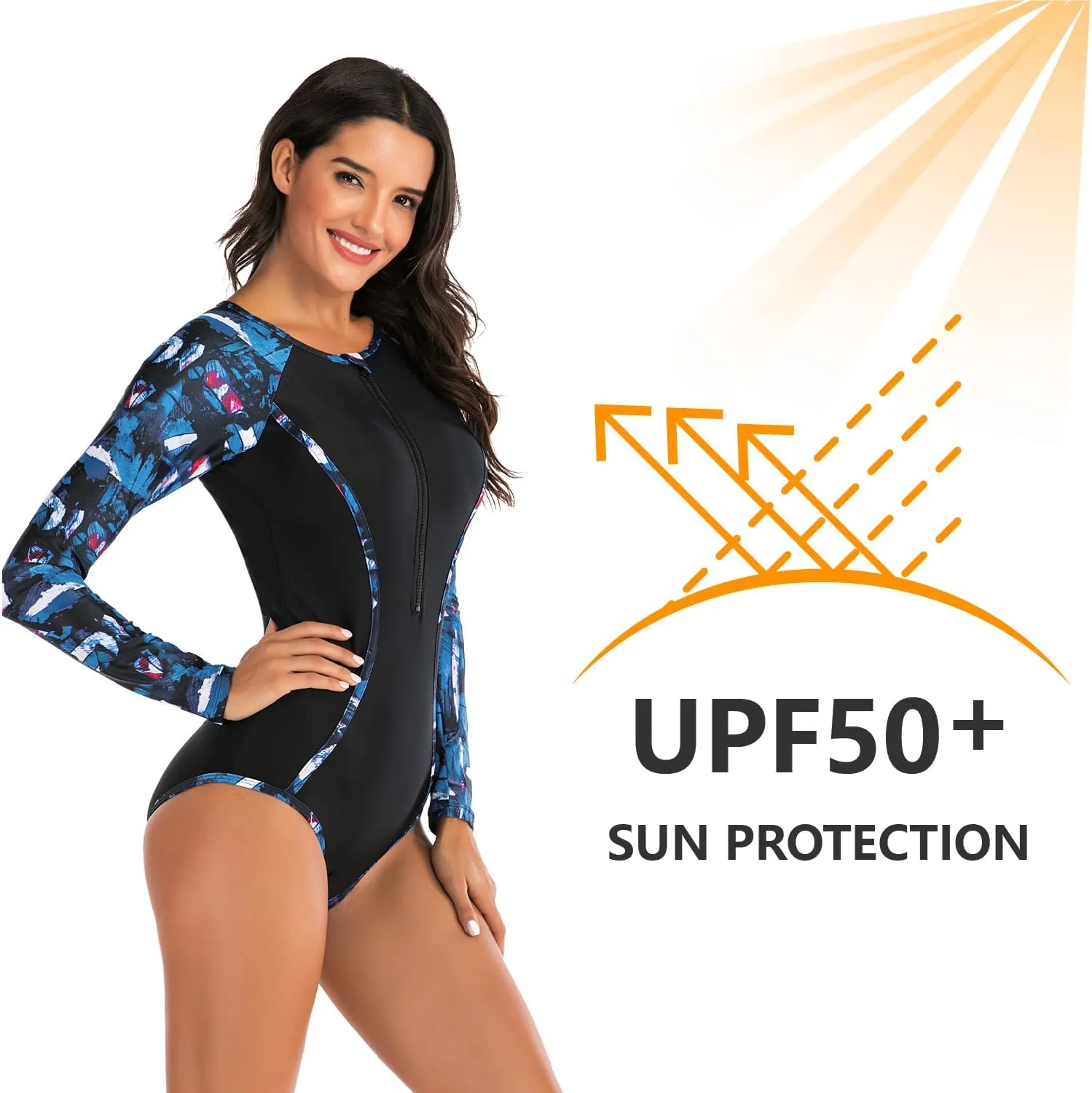 Womens Rash Guard Long Sleeve Bathing Suit One Piece Swimsuit Tummy Control Built in Bra UPF 50 Surfing Swimwear