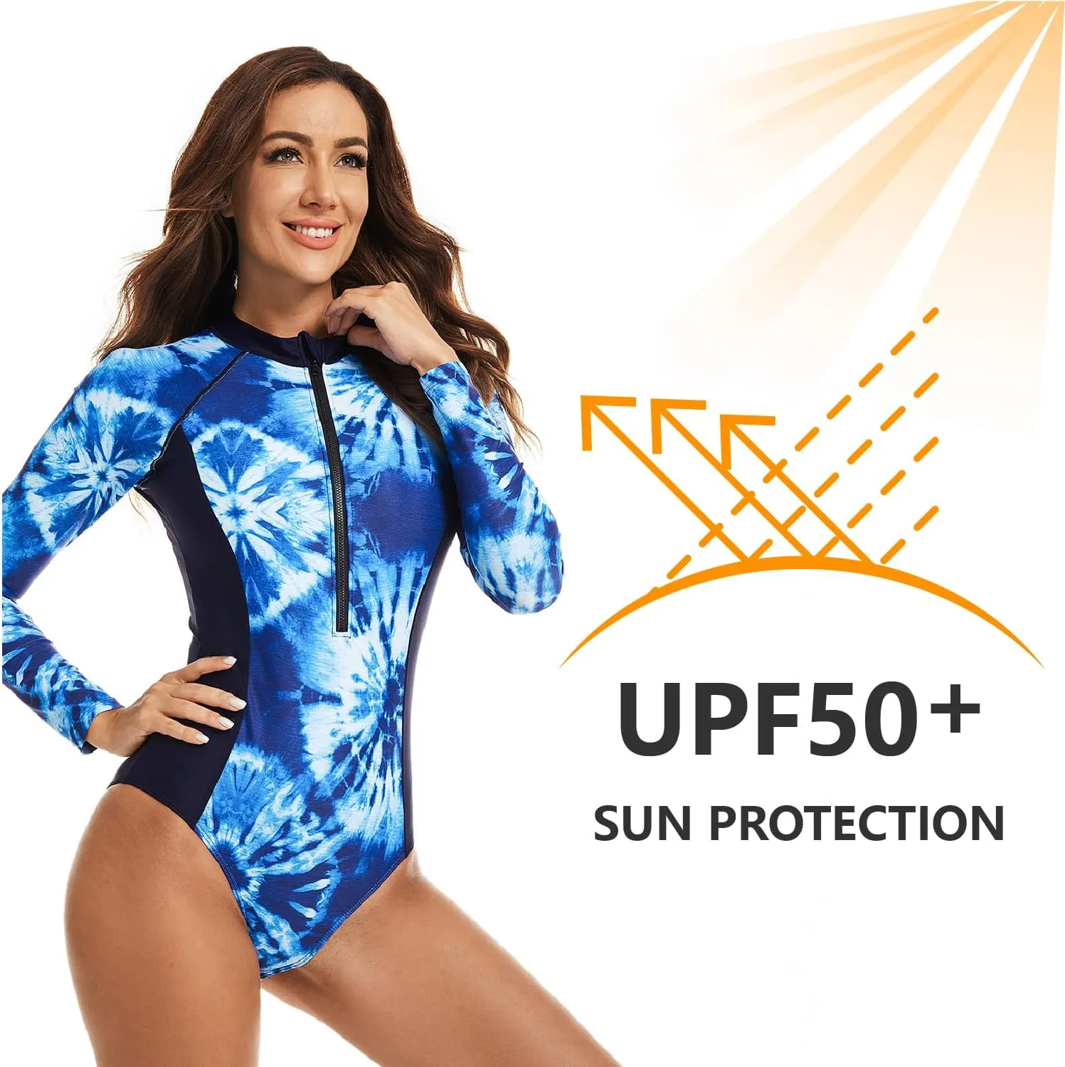 Womens Rash Guard Long Sleeve Bathing Suit One Piece Swimsuit Tummy Control Built in Bra UPF 50 Surfing Swimwear