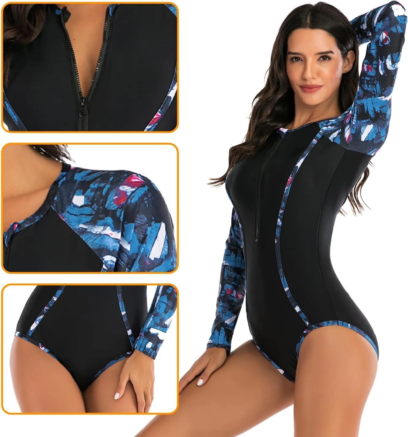 Womens Rash Guard Long Sleeve Bathing Suit One Piece Swimsuit Tummy Control Built in Bra UPF 50 Surfing Swimwear