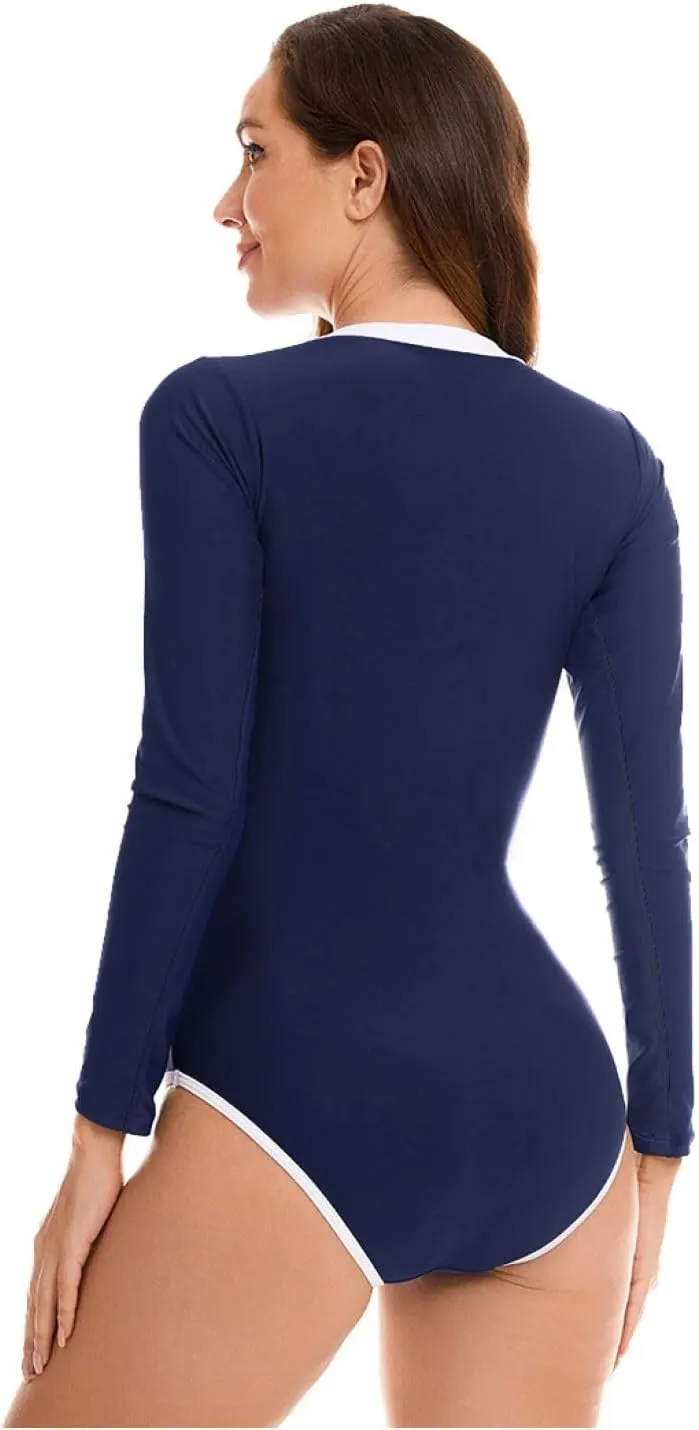 Womens Rash Guard Long Sleeve Bathing Suit One Piece Swimsuit Tummy Control Built in Bra UPF 50 Surfing Swimwear