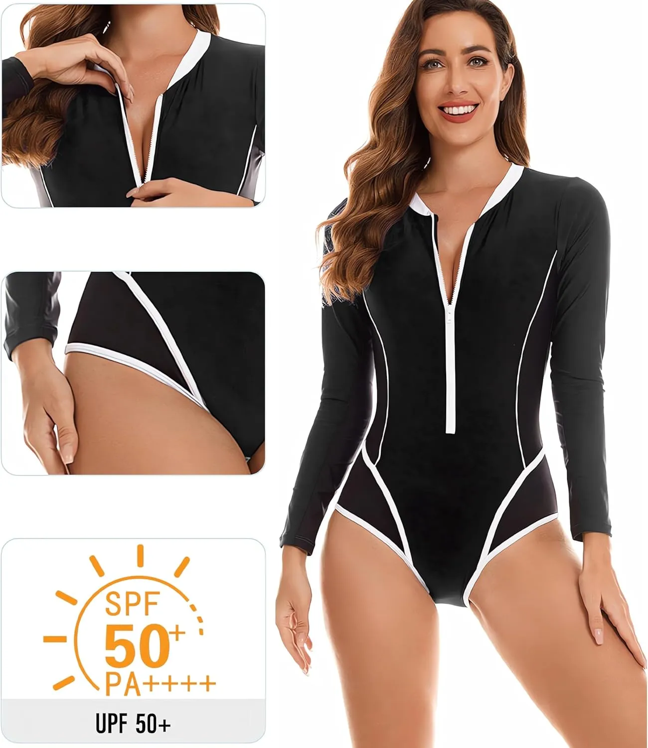 Womens Rash Guard Long Sleeve Bathing Suit One Piece Swimsuit Tummy Control Built in Bra UPF 50 Surfing Swimwear