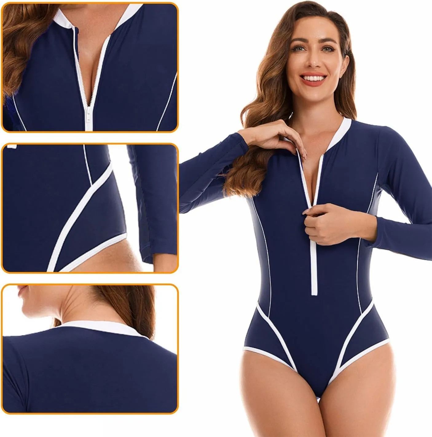 Womens Rash Guard Long Sleeve Bathing Suit One Piece Swimsuit Tummy Control Built in Bra UPF 50 Surfing Swimwear