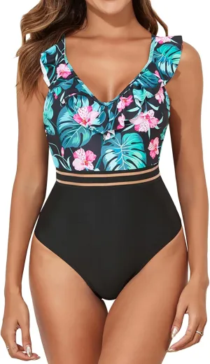 Women's Ruffle One Piece Swimsuit Floral Print V Neck Tummy Control Bathing Suit Cutout Backless Swimwear Beachwear