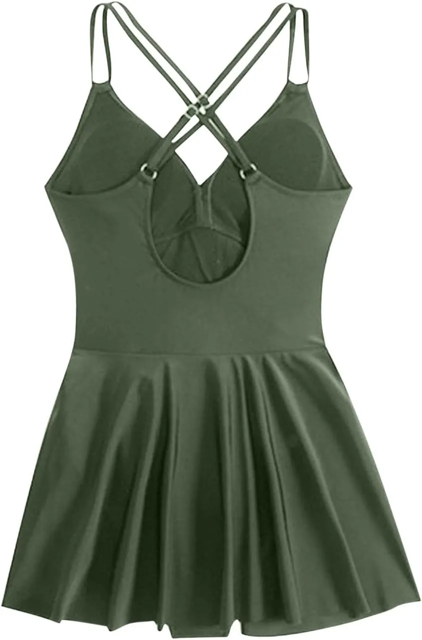 Womens Sexy Criss Cross Swim Dress One Piece Tummy Control Slimming Backless Swimdress Front Twist Skirt Bathing Suit