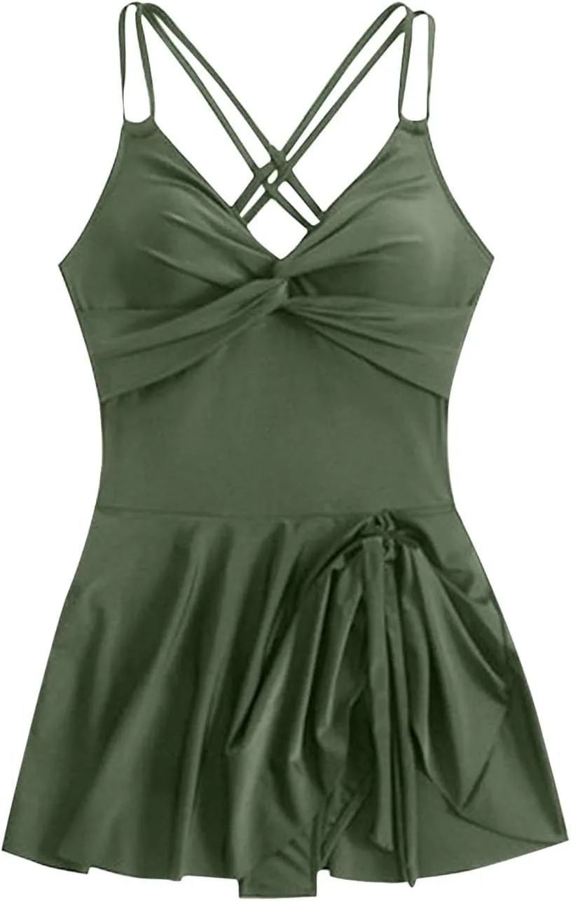 Womens Sexy Criss Cross Swim Dress One Piece Tummy Control Slimming Backless Swimdress Front Twist Skirt Bathing Suit