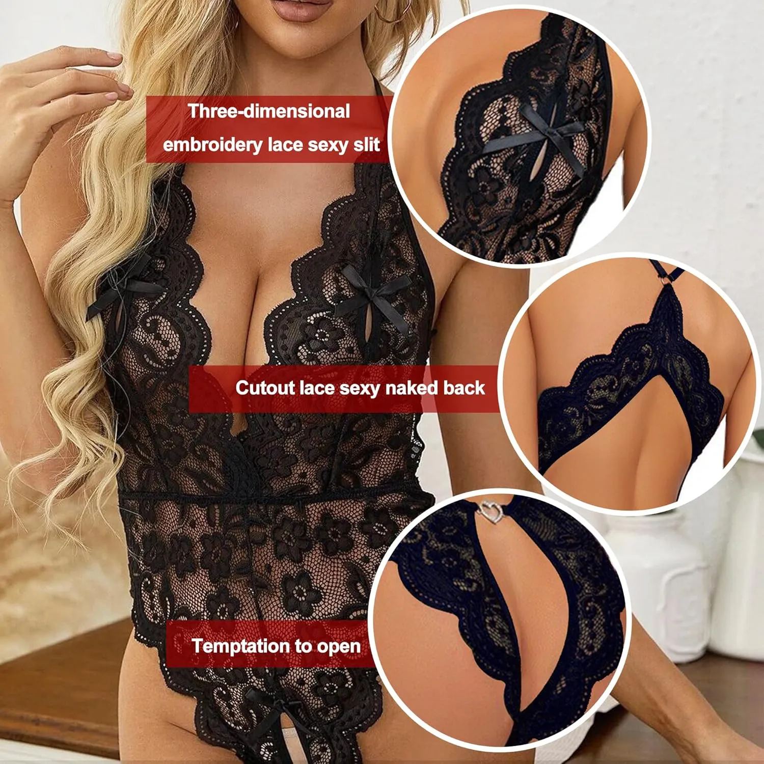 Womens Sexy Lace Teddy Bodysuit Deep V Adjustable Lingerie Babydoll Nightgown for Valentine’s Day & Special Occasions