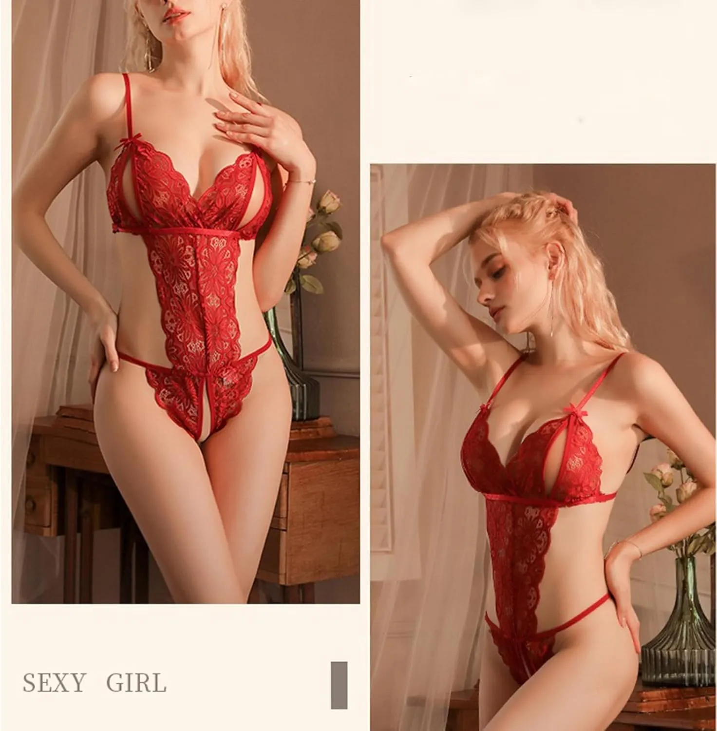 Women's Sexy Lingerie One Piece Women Deep V Teddy Floral Lace Bodysuit Babydoll