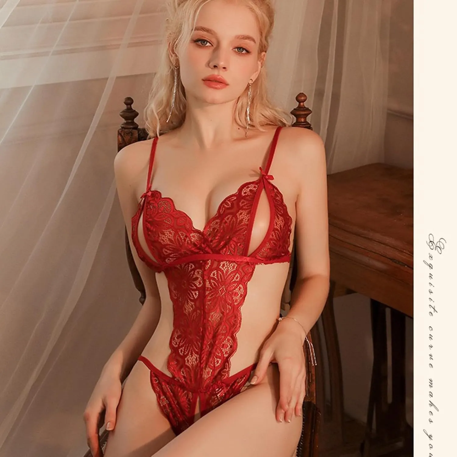 Women's Sexy Lingerie One Piece Women Deep V Teddy Floral Lace Bodysuit Babydoll
