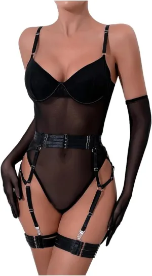Women's Sexy Mesh Lingerie Set Garter Teddy Bodysuit with Underwire Chest support, Babydoll & 1 Pair Gloves