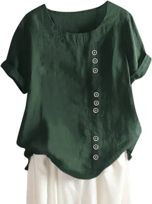 Women's Short Sleeve Linen Shirt Casual Round Neck Soft T-Shirts Floral Loose Summer Tee Top