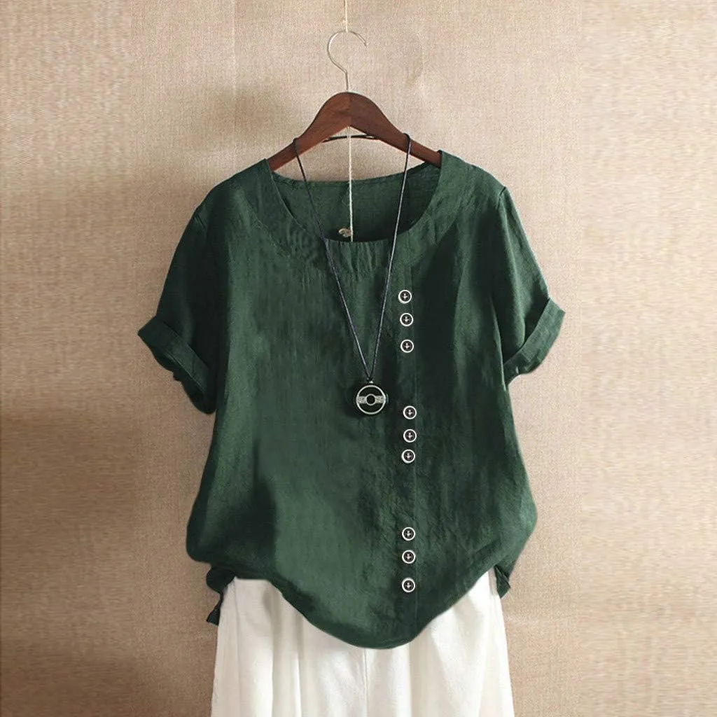 Women's Short Sleeve Linen Shirt Casual Round Neck Soft T-Shirts Floral Loose Summer Tee Top