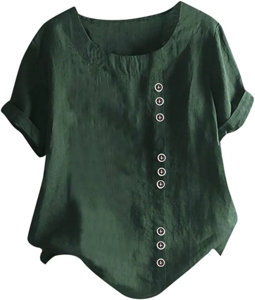 Women's Short Sleeve Linen Shirt Casual Round Neck Soft T-Shirts Floral Loose Summer Tee Top
