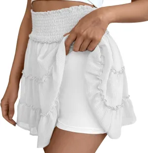 Women's Summer Flowy Pleated Skirt, Basic Casual High Waisted Ruffles Flared Mini Lingerie Skirts with Leggings