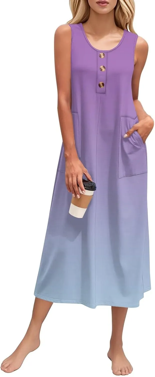 Women's Summer Maxi Dress 2025 Sleeveless Button Down Casual Loose Long Beach Sundress Travel Vacation Outfits