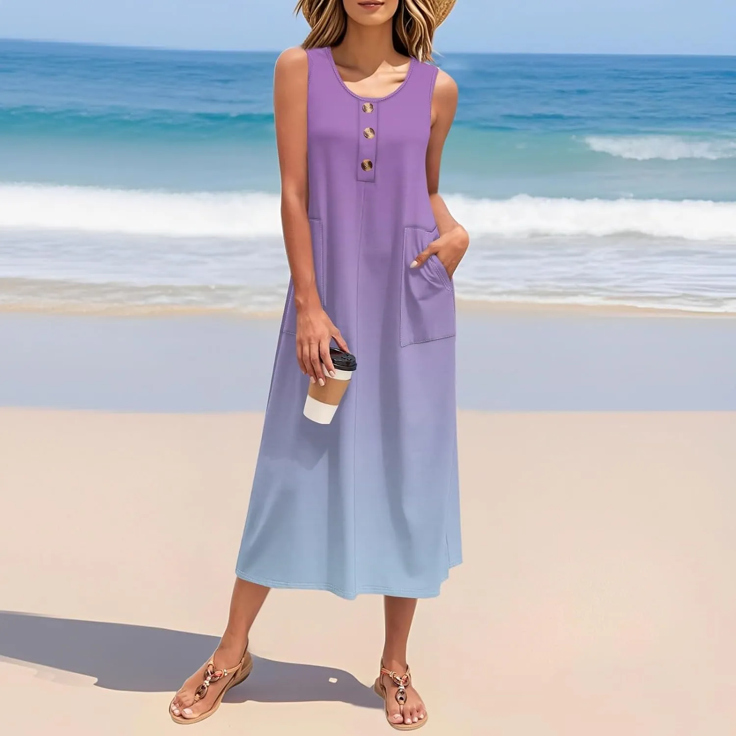 Women's Summer Maxi Dress 2025 Sleeveless Button Down Casual Loose Long Beach Sundress Travel Vacation Outfits
