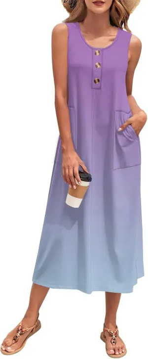 Women's Summer Maxi Dress 2025 Sleeveless Button Down Casual Loose Long Beach Sundress Travel Vacation Outfits
