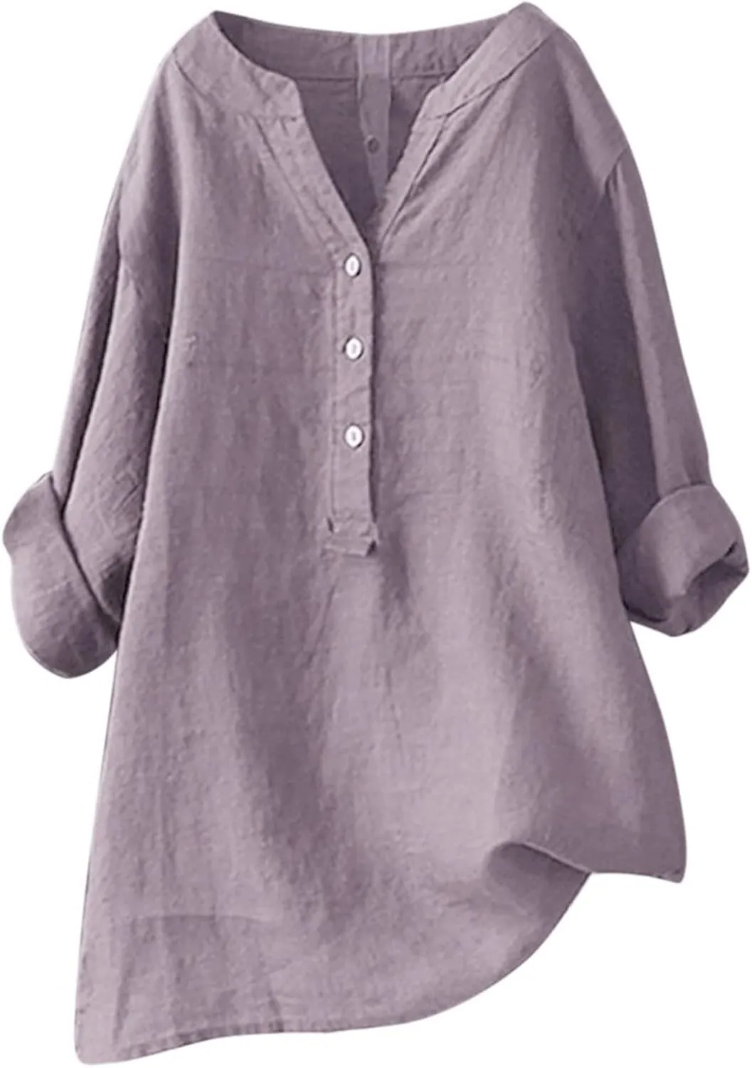 Womens Summer Tops Casual Loose Cotton Linen Shirts Button Down V Neck Ruffle 3/4 Sleeve Slim Fit T Shirts