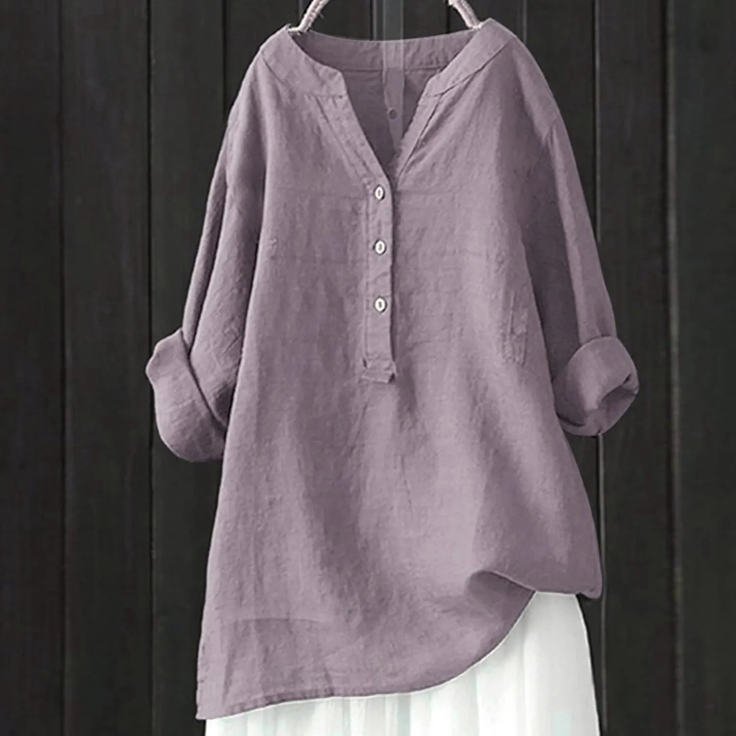 Womens Summer Tops Casual Loose Cotton Linen Shirts Button Down V Neck Ruffle 3/4 Sleeve Slim Fit T Shirts