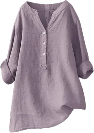 Womens Summer Tops Casual Loose Cotton Linen Shirts Button Down V Neck Ruffle 3/4 Sleeve Slim Fit T Shirts